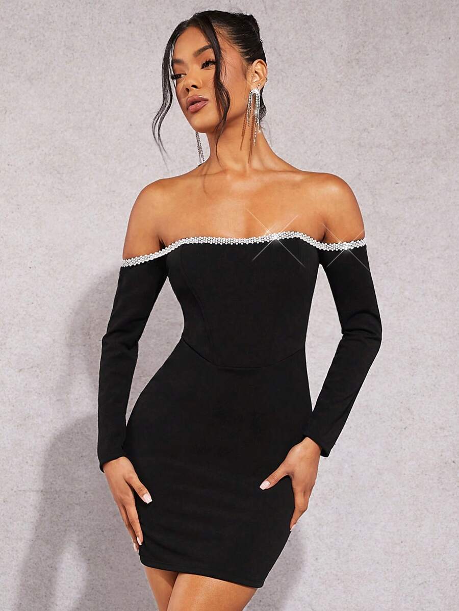 SHEIN BAE 一字肩拼接邊緊身洋裝 - 黑色 - 查看 1