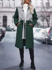 SHEIN LUNE Contrast Color Cinched Waist Padded Padded Coat Clothes Winter - Dark Green - View 1