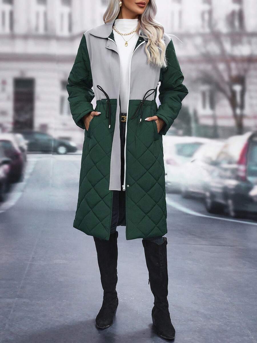 SHEIN LUNE Contrast Color Cinched Waist Padded Padded Coat Clothes Winter - Dark Green - View 1