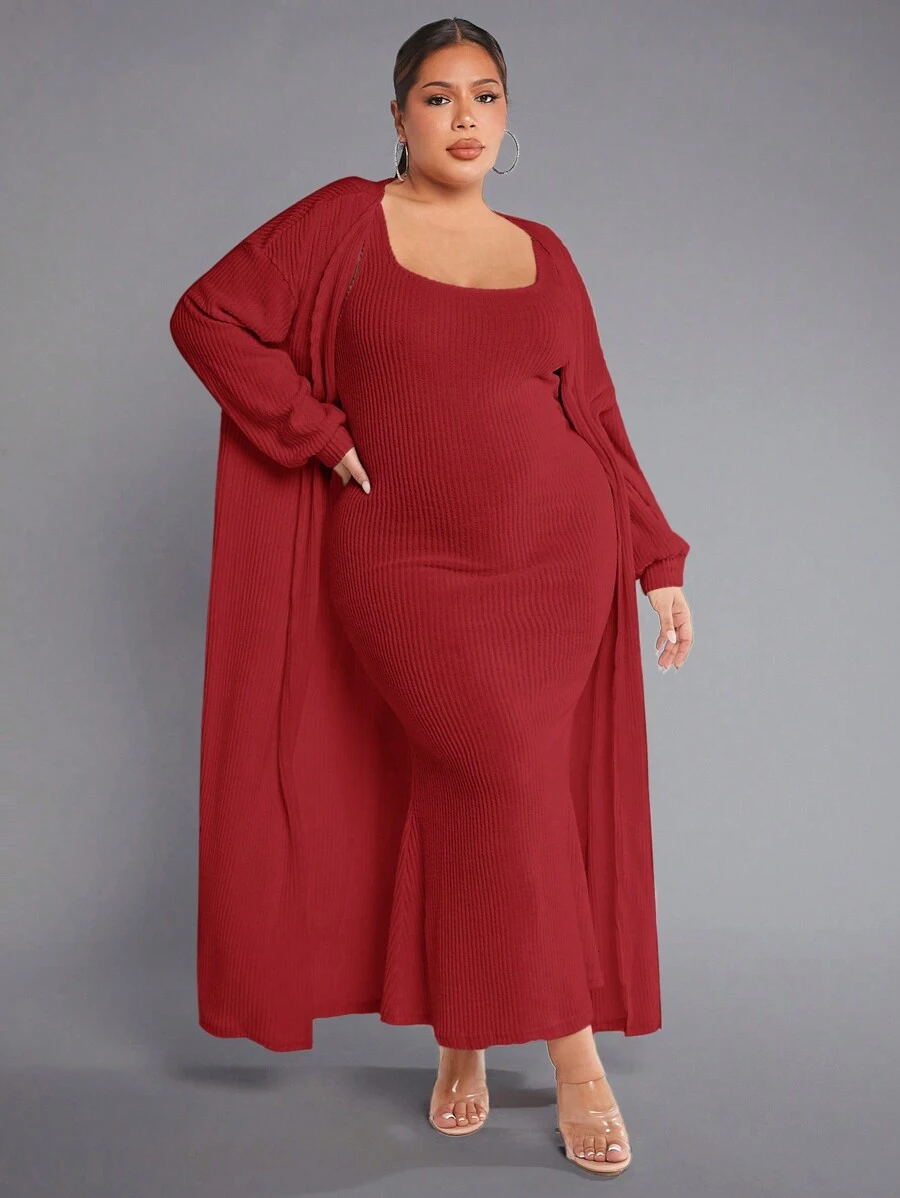 SHEIN SXY 大尺碼女款燈籠袖夾克和連身裙套裝 - 紅色 - 查看 1