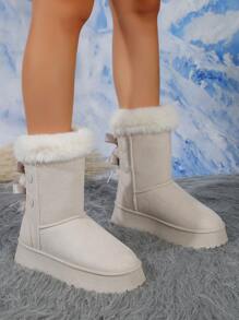 女性時尚和舒服的加厚和濃烈香調毛茸茸翻領淺褐色的麝皮雪地靴帶厚,防滑 - 米色 - 查看 5