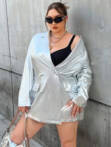 SHEIN ICON 大碼西裝領翻蓋細節西裝外套 - 銀色 - 查看 6