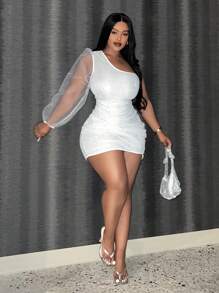 Slaydiva Plus One Shoulder Contrast Mesh Lantern Sleeve Sequin Bodycon Dress - Silver - View 4