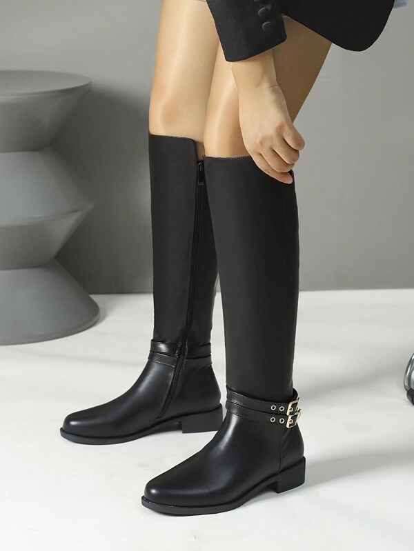 Wear With Jacket , Women's Fashion Knee-High Boots, Black, Metal Buckle Decoration, Side Zipper, Versatile Skirt Tight Boots, Winter, Round Toe, Thick Heel, Comfortable Women's Long Boots,Party