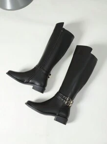 可搭配外套，女士时尚过膝长靴，黑色，金属扣装饰，侧拉链，百搭裙装紧身靴，冬季，圆头，粗跟，舒适女士长靴，派对装 - 黑色 - 查看 7