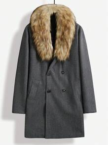 Manfinity Homme 男士披肩領雙排扣毛呢大衣,帶毛皮裝飾 - 深灰色 - 查看 5