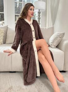Plush Home Robe With Color-contrast Rolled Edges, Button Up Front - Brown - View 6