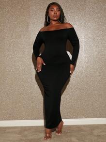 Slaydiva 大尺碼女款露肩修身連身裙 - 黑色 - 查看 3