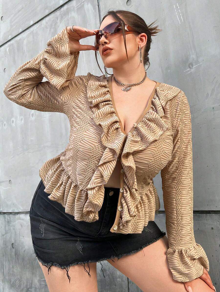 Flirla Plus Ruffle Trim Flounce Sleeve Button Placket Textured Tee - Apricot - View 1