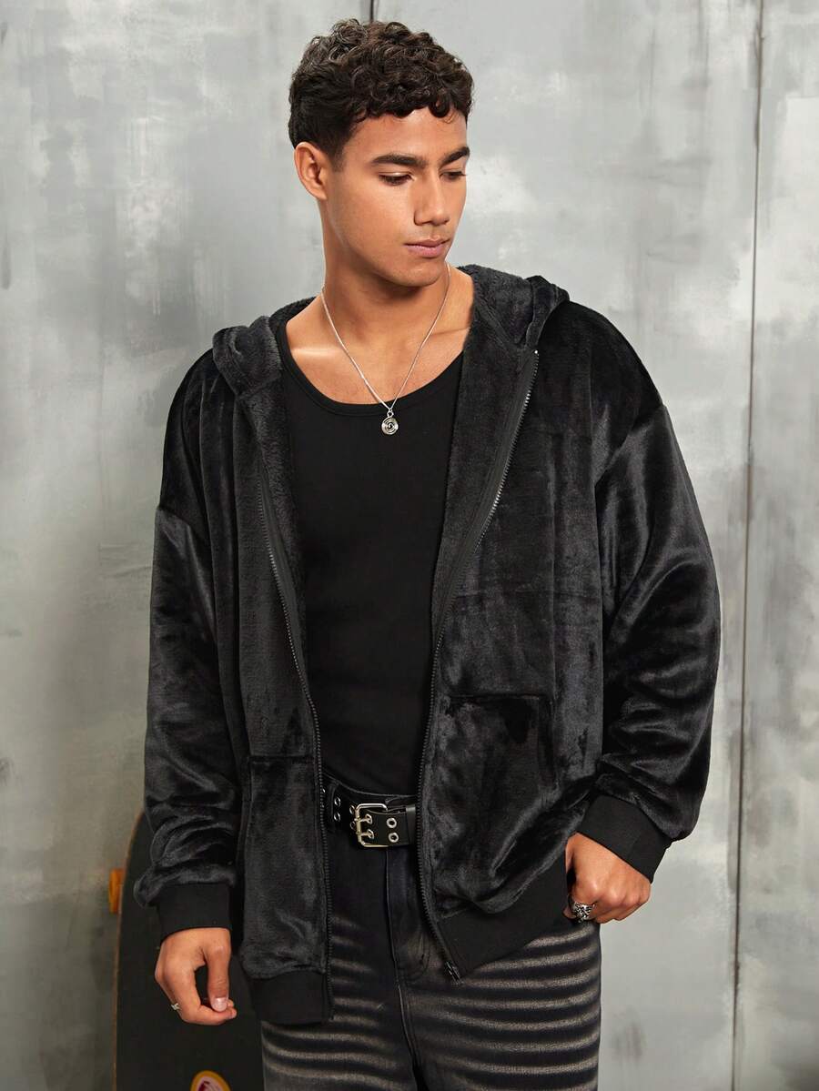 Manfinity Hypemode Quá lớn Nam Dây kéo Khép kín Hoodie Với Thả vai Thiết kế - màu đen - Xem 1