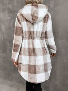 SHEIN LUNE Buffalo Plaid Pattern Hooded Flannel Coat - Khaki - View 2