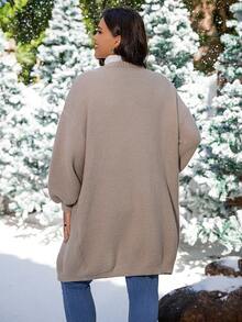 SHEIN LUNE Hơn Thêu hoa Thả vai Áo len Duster - Màu Khaki - Xem 2