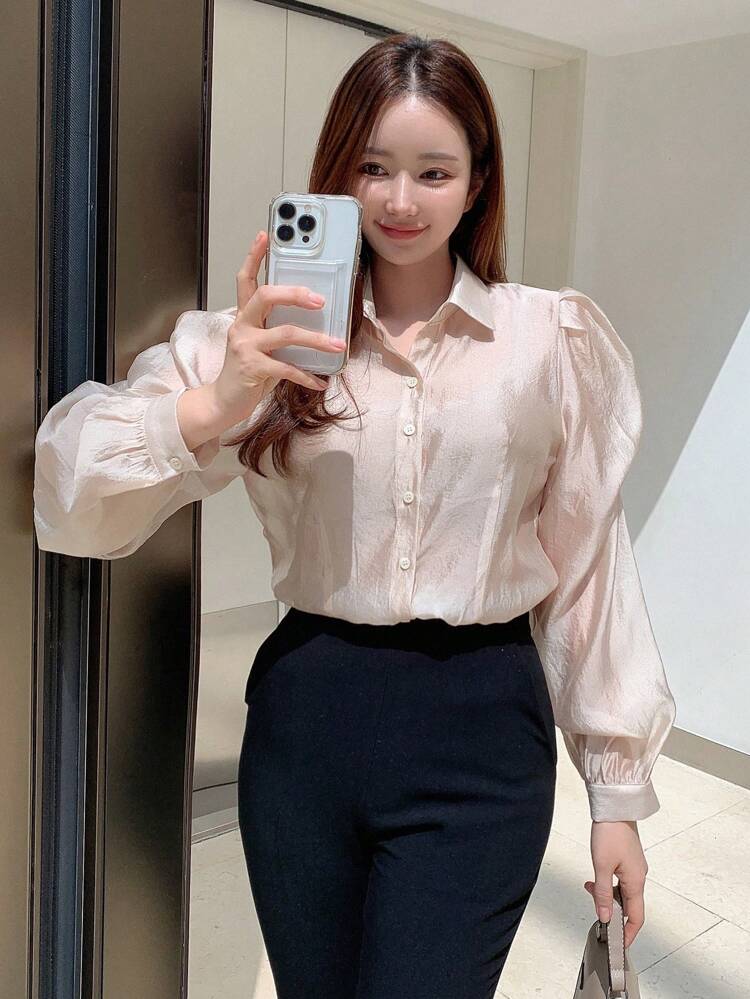 Solid Button Front Puff Sleeve Shirt,Fall Clothes Long Sleeve Top