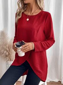 SHEIN LUNE 女士圓領不對稱下擺襯衫 - 酒紅色 - 查看 5