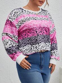 SHEIN LUNE Kích thước lớn Báo In Khối màu Thả vai Áo nỉ - Màu Hồng Tươi - Xem 4