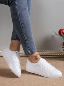 女性休閒運動平底時尚運動鞋,多用途白色鞋 - 白色 - 查看 3