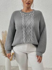 SHEIN Franclia 大碼珍珠串珠麻花編織落肩袖套頭毛衣 - 灰色 - 查看 4