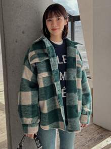 FRIFUL 女式格紋落肩羊毛外套 - 綠色 - 查看 3