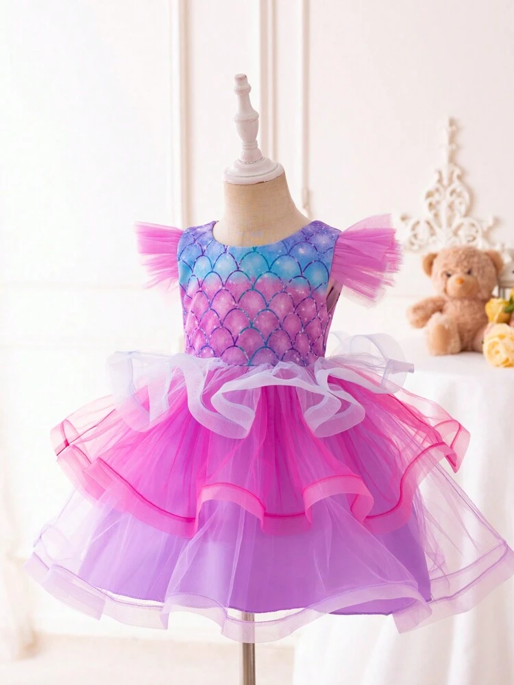 Young Girl Fish Scales Print Ruffle Trim Party Dress