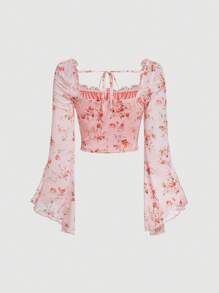SHEIN MOD Floral Print Lace Trim Ruched Bust Tie Front Flare Sleeve Tee - Pink - View 2