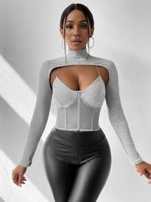 Zolique Cut Out Front Mesh Insert Mock Neck 2 In 1 Top - Light Grey - View 5