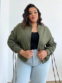 SHEIN SXY 大尺碼側邊鞋帶細節拉鍊夾克 - 軍綠色 - 查看 3