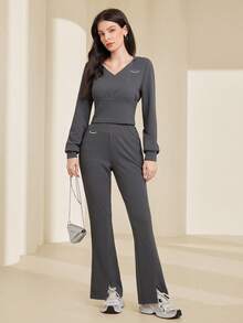 Mulvari Letter Patched Hooded Top And Split Flared Pants Two Piece Set - Grey - View 3