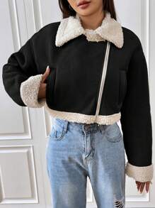 SHEIN EZwear Veste moto zippée pour femme avec col large doublée en teddy