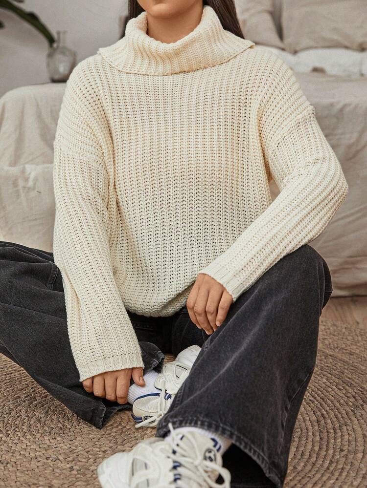 Plus Size High Neck Drop Shoulder Sweater Pullover Knit Pullover Fall Winter Sweater