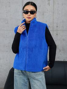 SHEIN Essnce 拉鏈開襟絨毛夾克背心 - 寶藍色 - 查看 5