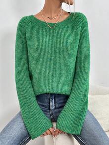 SHEIN Essnce Đúng mốt Vòng cổ Màu thuần Tay Raglan Áo len - trắng - Xem 5