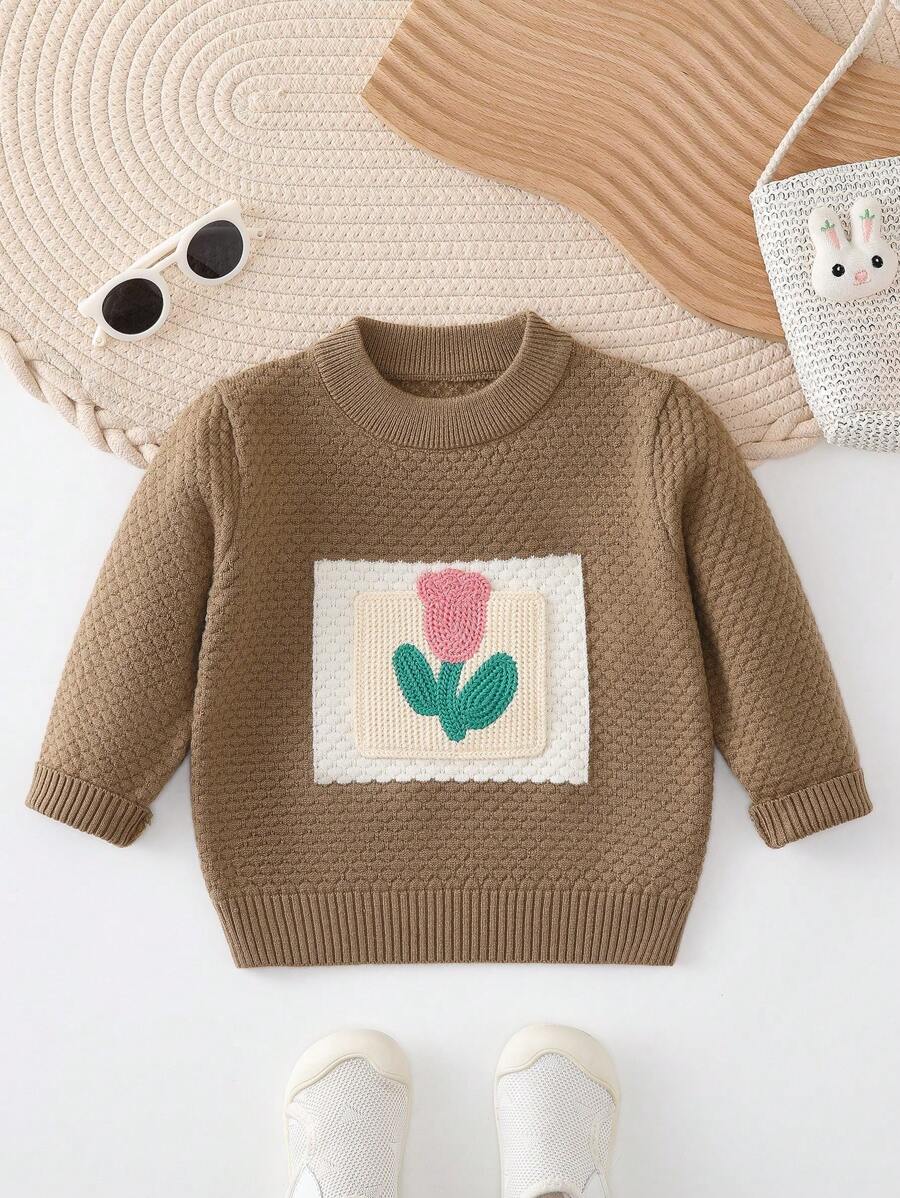 Baby Girl Floral Pattern Sweater - Brown - View 1