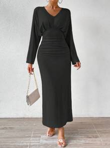 Chiquease Đầm Maxi Ôm Body Xếp Ly Trơn Trang Phục Nữ - màu đen - Xem 4
