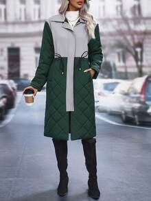 SHEIN LUNE Contrast Color Cinched Waist Padded Padded Coat Clothes Winter - Dark Green - View 6