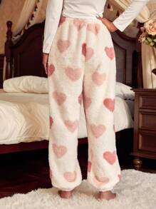 心形图案法兰绒睡衣裤 - 杏色 - 查看 2