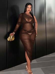 Slaydiva Plus Size One Shoulder Mesh And Pleated Dress - Brown - View 4