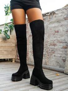 Women's Fashionable Sexy Faux Suede Over The Knee Boots With High Heels And Thick Soles, Black
