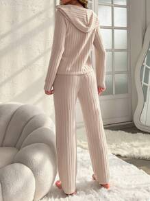 插肩袖抽繩連帽休閒服套裝 - 杏色 - 查看 2