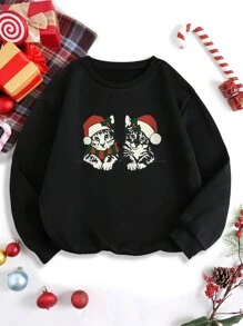 SHEIN EZwear 女款聖誕印花運動衫 - 黑色 - 查看 1
