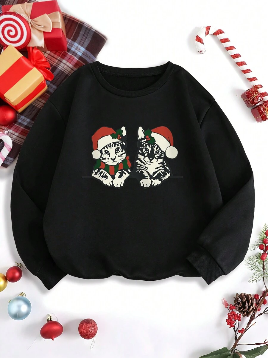 SHEIN EZwear 女款聖誕印花運動衫 - 黑色 - 查看 1