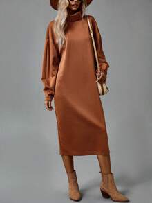 SHEIN LUNE Của phụ nữ Cổ cao Thả vai Đầm Áo len - màu nâu - Xem 5
