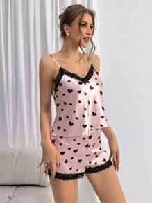 Heart Print Lace Trim Satin PJ Set - Multicolor - View 5