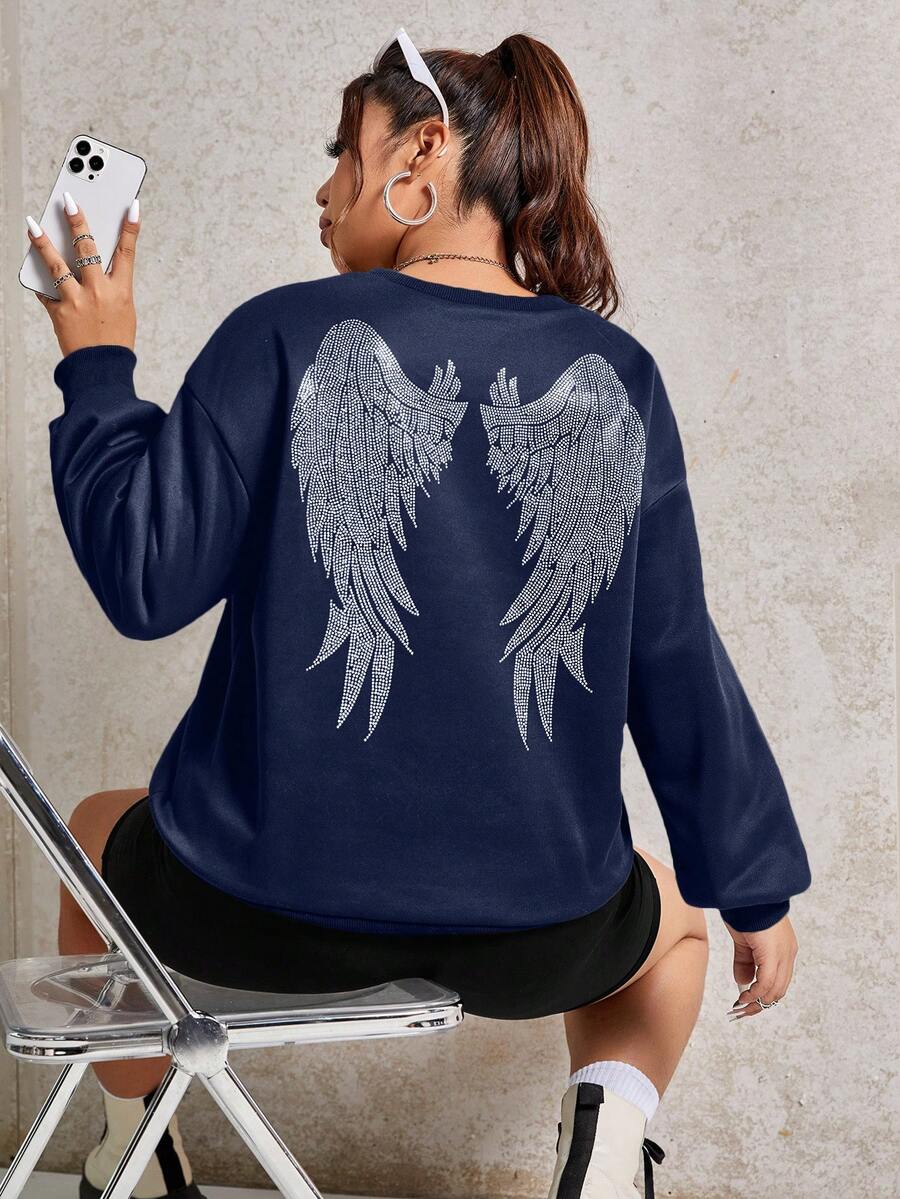 SHEIN EZwear Kích thước lớn Thả vai Áo nỉ Với Cánh In Trở lại - Màu xanh hải quân - Xem 1