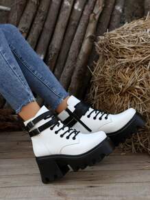 Châu Âu và Châu Mỹ Thời trang Khóa Giày ống Ankle Đối với phụ nữ , Dày Gót chân Tăng Chiều Cao , Ấm áp Không thấm nước Nền tảng Giày bốt ngắn Với Dây kéo bên , Mới Giải phóng 2023 - Đen và trắng - Xem 4