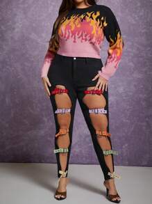 Hauture 加肥款雙扣剪裁修身牛仔褲 - 黑色 - 查看 1