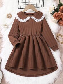 SHEIN Váy ren tay dài cổ Peter Pan cho bé gái - Cà phê - Xem 1