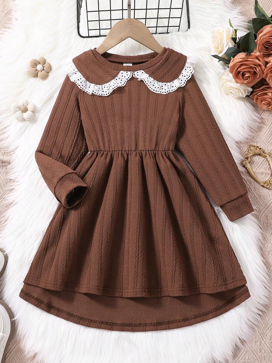 SHEIN Váy ren tay dài cổ Peter Pan cho bé gái - Cà phê - Xem 1