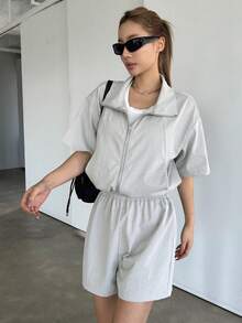 Dazy Star Zipper Front Half Sleeve Top And Shorts Set - Light Grey - View 5