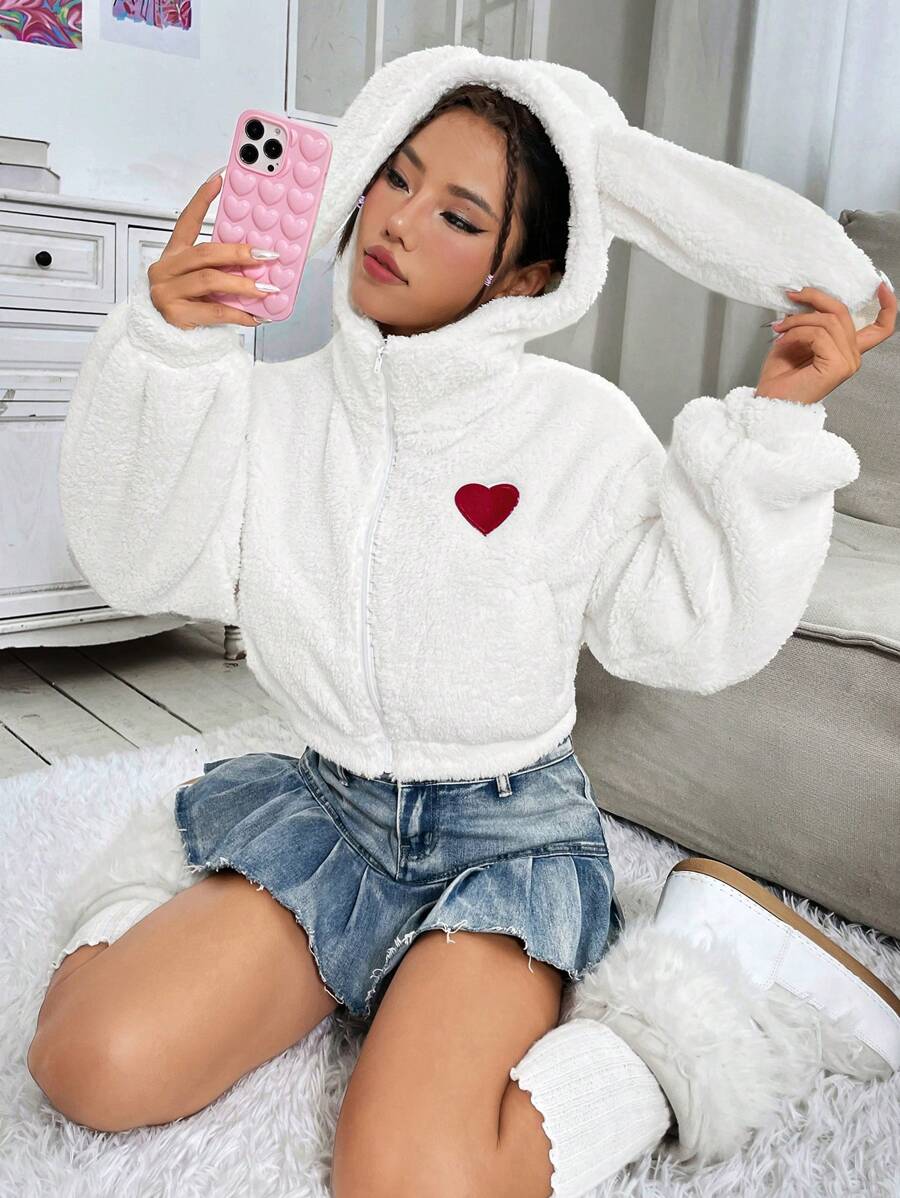 SHEIN EZwear Của phụ nữ Thêu trái tim Tai 3D Túi khóa kéo Sang trọng Ngắn Áo khoác - trắng - Xem 1