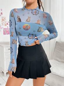 SHEIN EZwear Women's Mesh Top With Cat Print - Multicolor - View 5